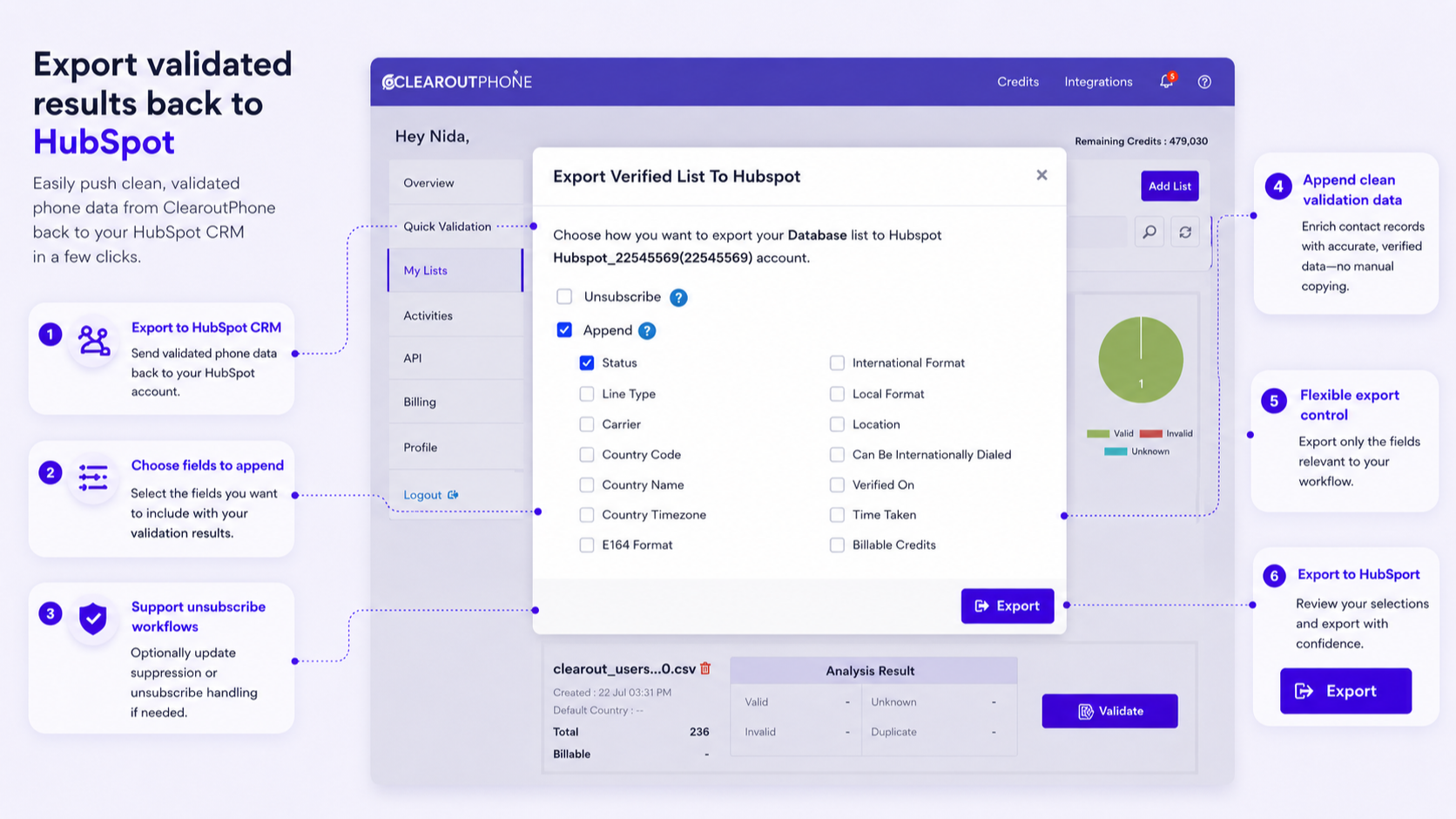 Exportera den validerade listan till HubSpot